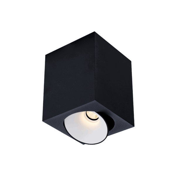 Black version of the Dea Fauna M with white reflector, a square surface-mounted luminaire designed by Karizma Luce.