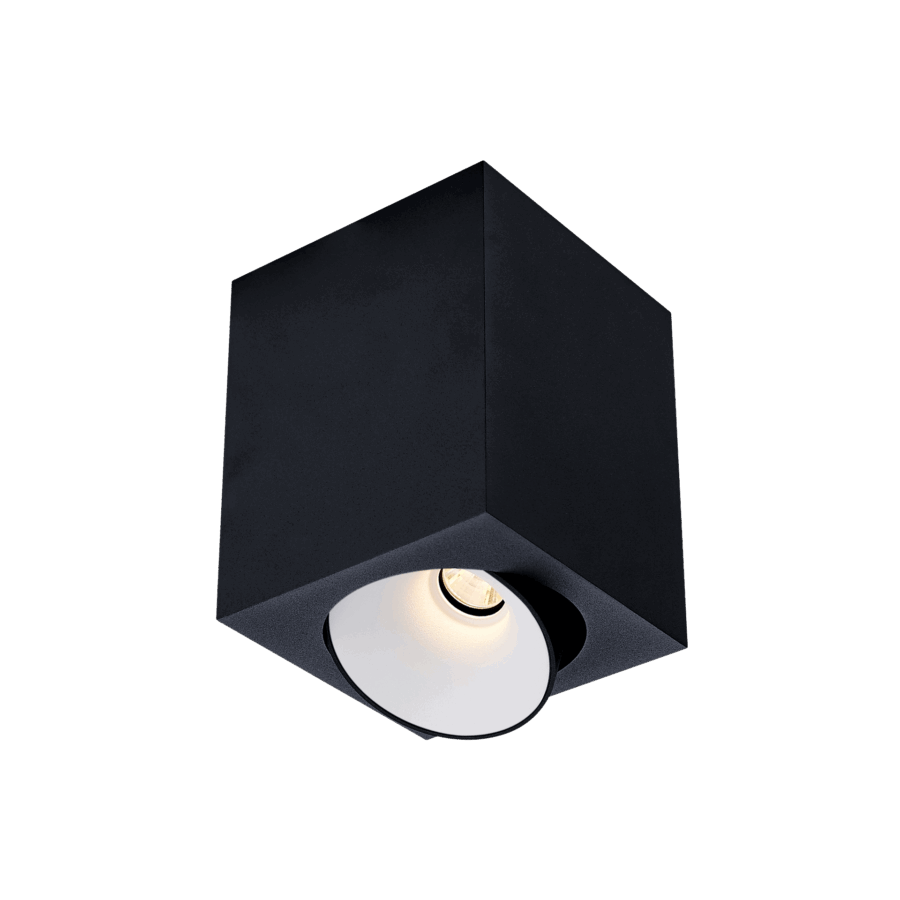 Black version of the Dea Fauna M with white reflector, a square surface-mounted luminaire designed by Karizma Luce.
