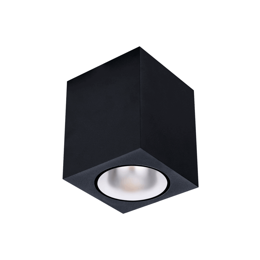 Black version of the Dea Fauna M with chrome reflector, a square surface-mounted luminaire designed by Karizma Luce.