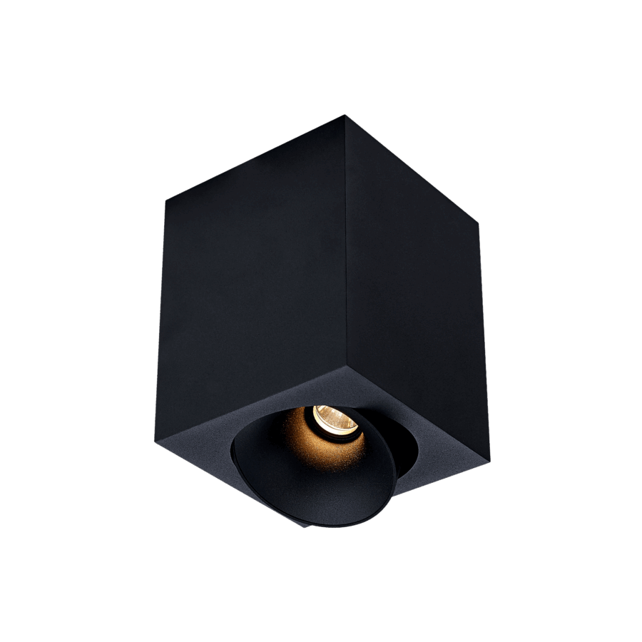 Black version of the Dea Fauna M with black matt reflector, a square surface-mounted luminaire designed by Karizma Luce.