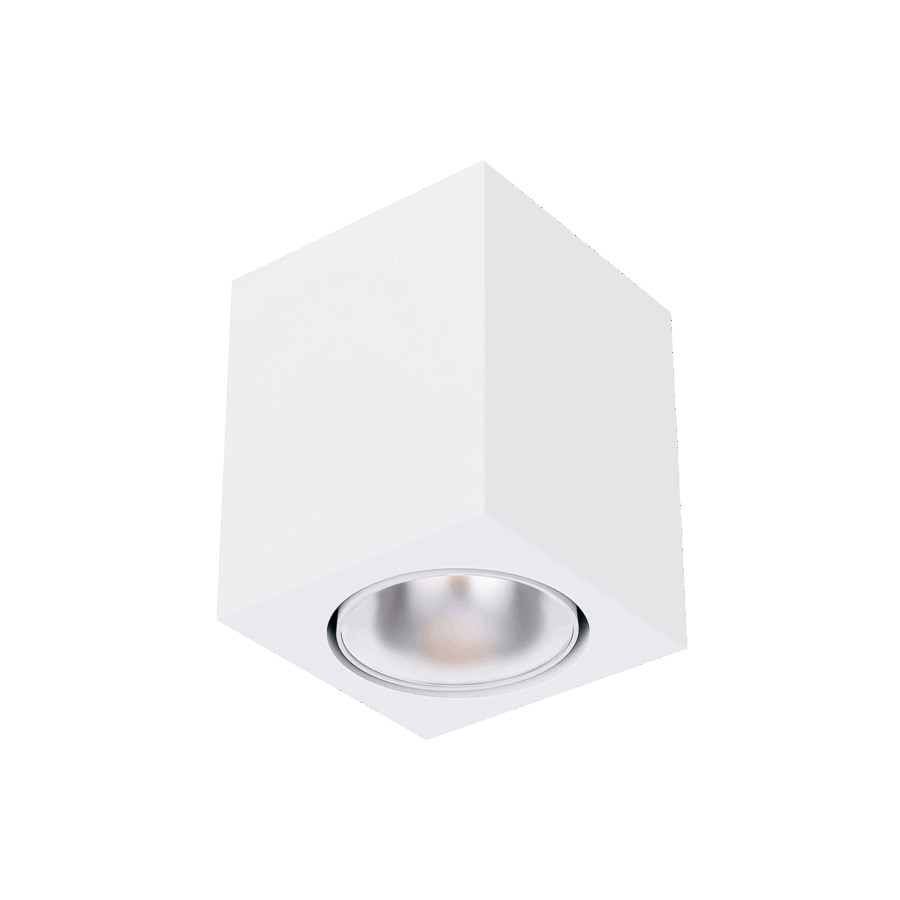 White version of the Dea Fauna M with chrome reflector, a square surface-mounted luminaire designed by Karizma Luce.
