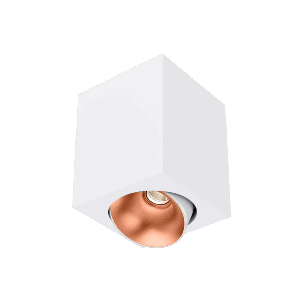 White version of the Dea Fauna M with copper reflector, a square surface-mounted luminaire designed by Karizma Luce.