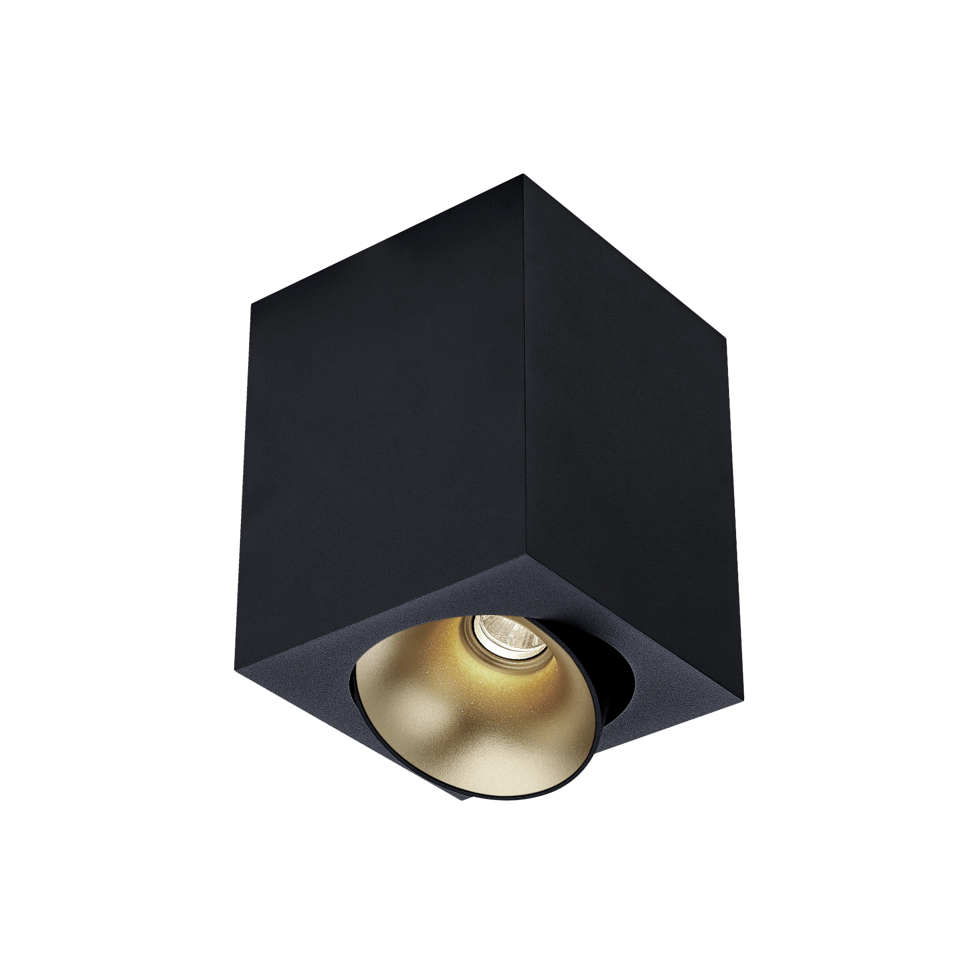 Black version of the Dea Fauna M with golden reflector, a square surface-mounted luminaire designed by Karizma Luce.