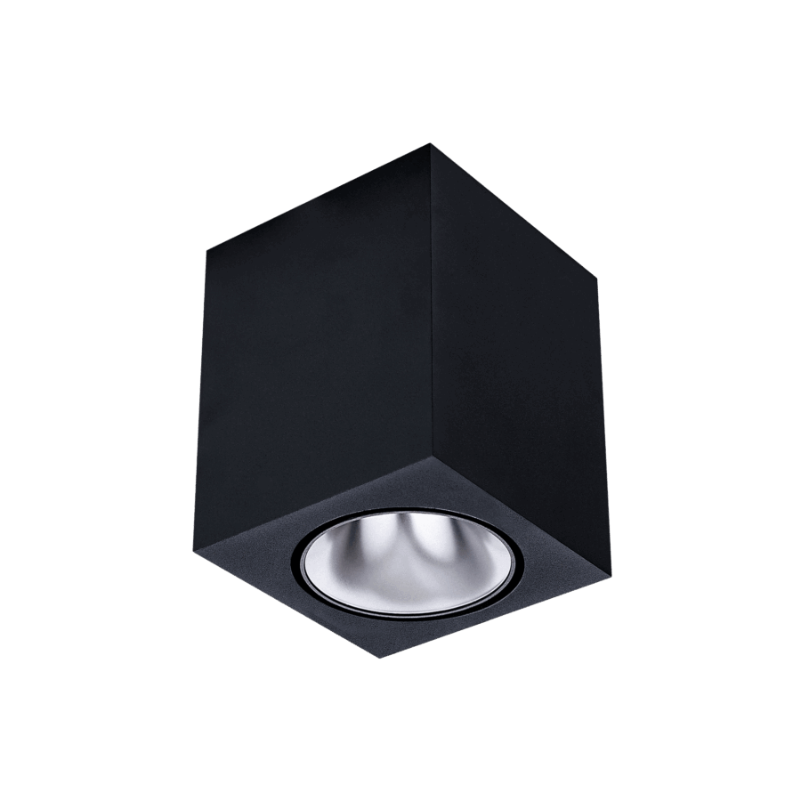 Black version of the Dea Fauna M with silver reflector, a square surface-mounted luminaire designed by Karizma Luce.