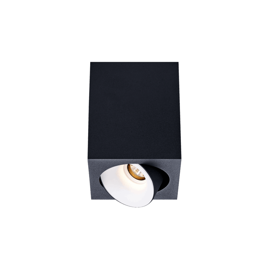 Black version of the Dea Fauna S with white reflector, a square surface-mounted luminaire designed by Karizma Luce.