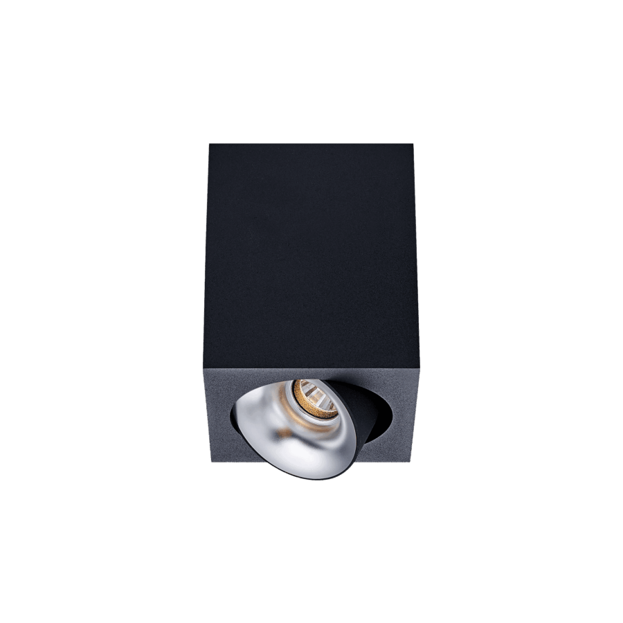 Black version of the Dea Fauna S with chrome reflector, a square surface-mounted luminaire designed by Karizma Luce.