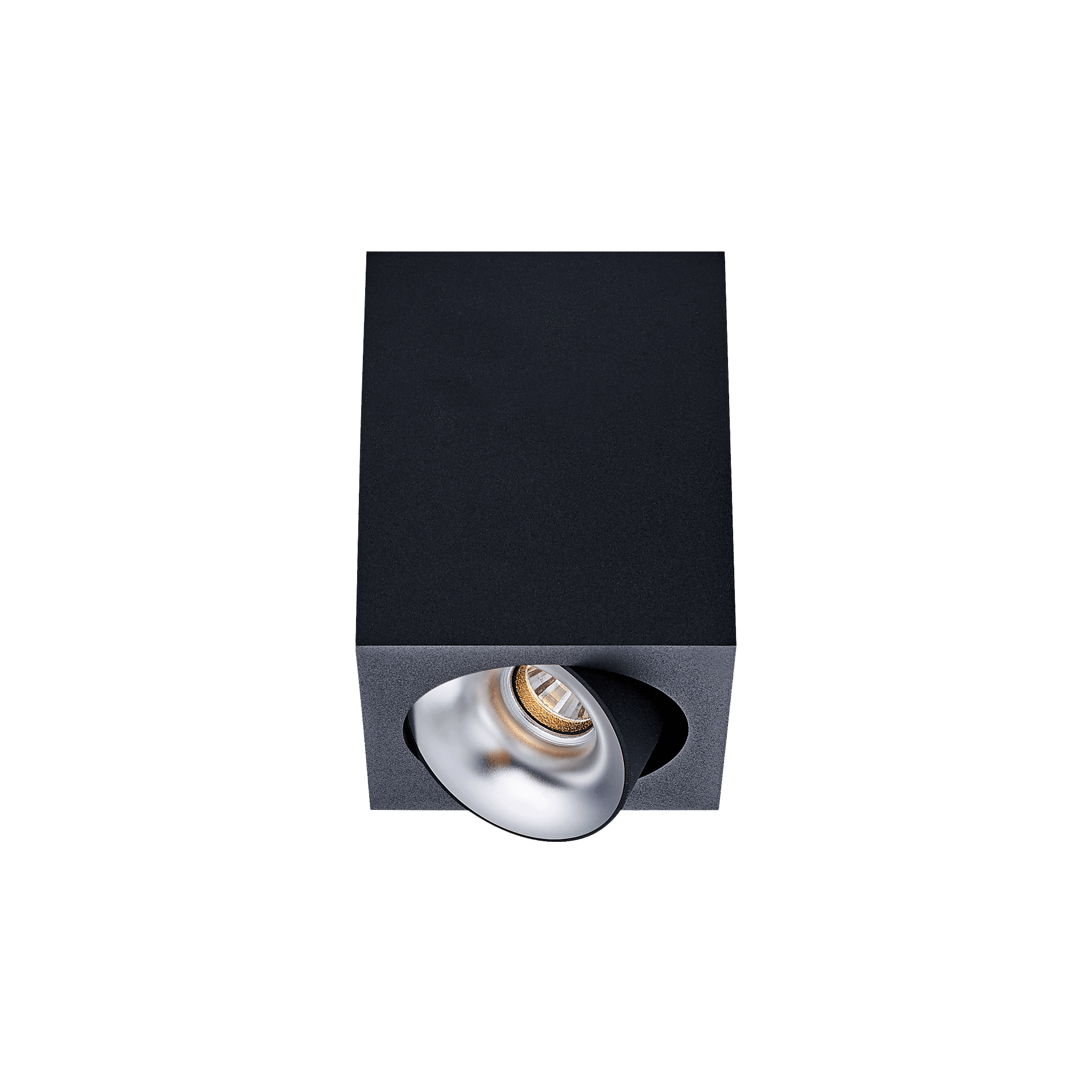 Black version of the Dea Fauna S with chrome reflector, a square surface-mounted luminaire designed by Karizma Luce.
