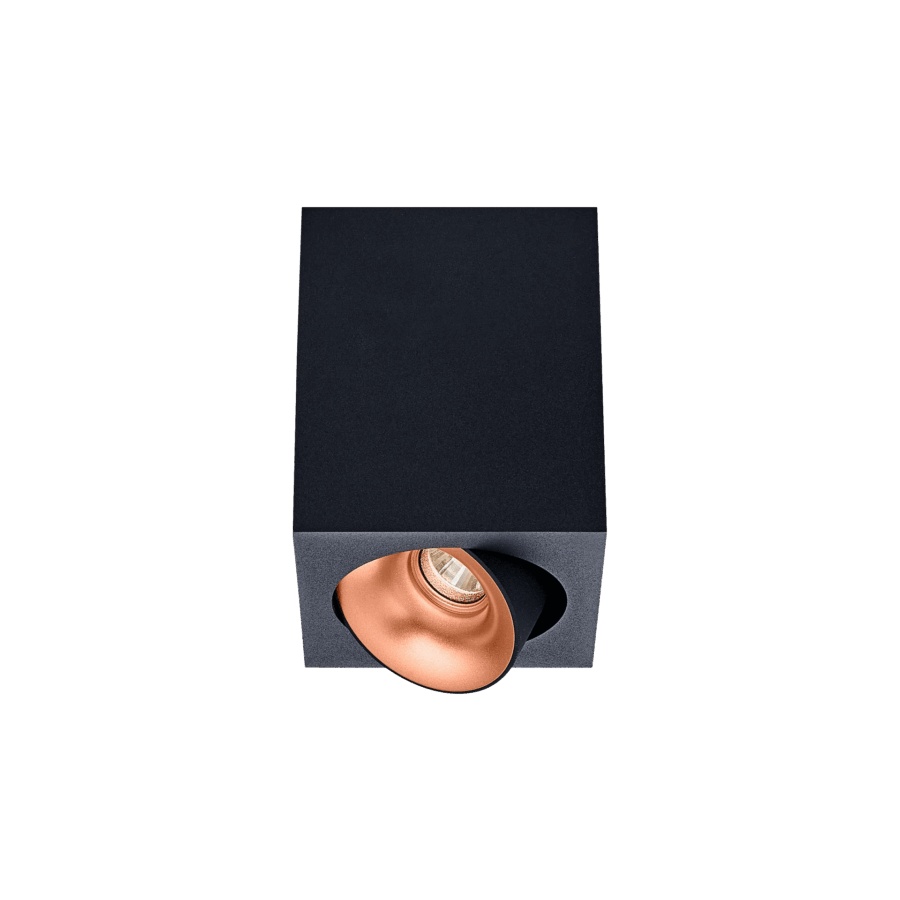 Black version of the Dea Fauna S with copper reflector, a square surface-mounted luminaire designed by Karizma Luce.