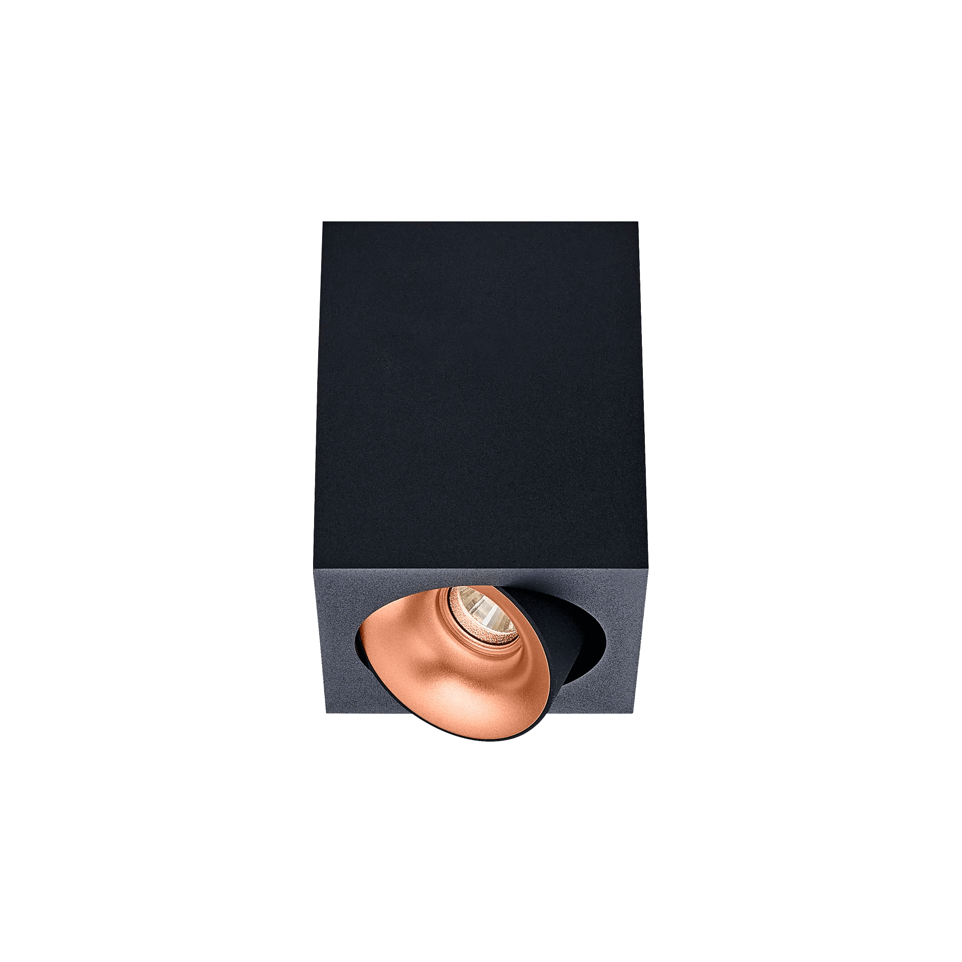 Black version of the Dea Fauna S with copper reflector, a square surface-mounted luminaire designed by Karizma Luce.