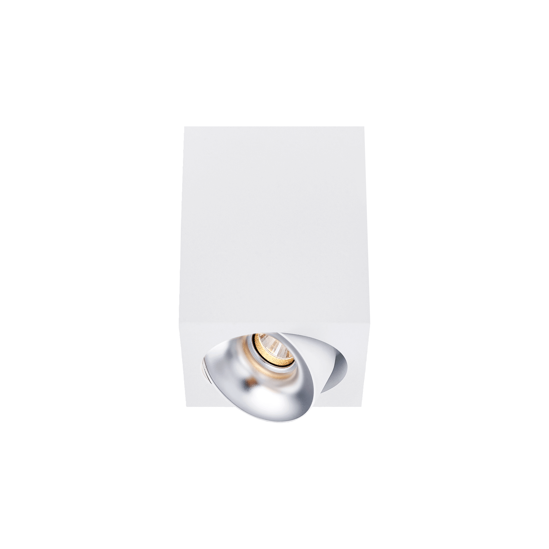 White version of the Dea Fauna S with chrome reflector, a square surface-mounted luminaire designed by Karizma Luce.