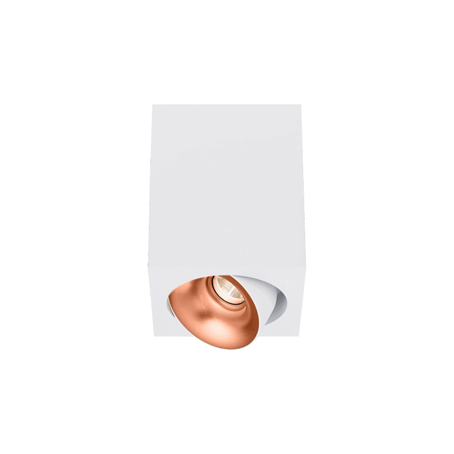 White version of the Dea Fauna S with copper reflector, a square surface-mounted luminaire designed by Karizma Luce.