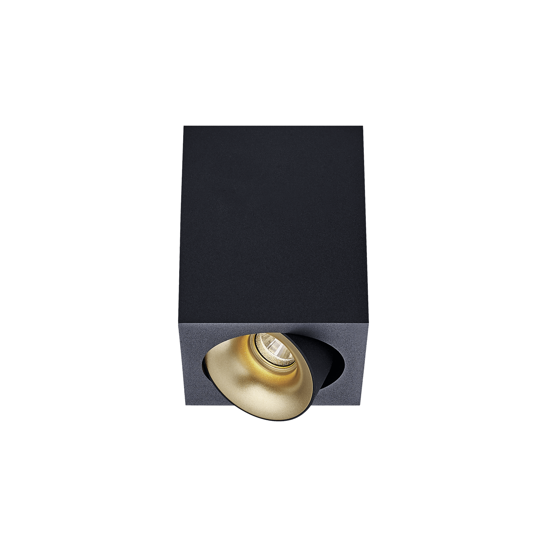 Black version of the Dea Fauna S with golden reflector, a square surface-mounted luminaire designed by Karizma Luce.
