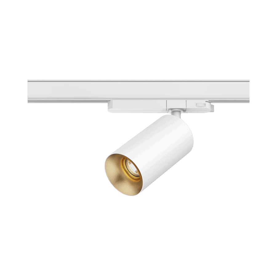 White version of the Dea Juno M with golden reflector, a track luminaire designed by Karizma Luce.