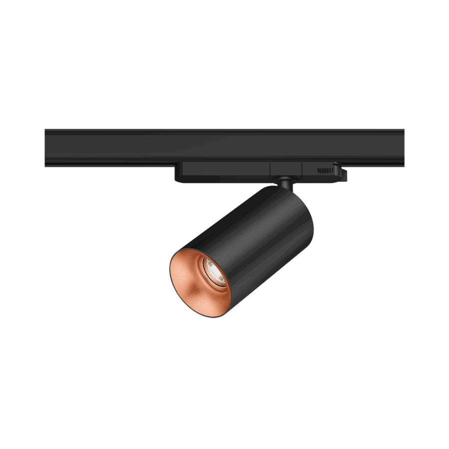 Black version of the Dea Juno M with copper reflector, a track luminaire designed by Karizma Luce.