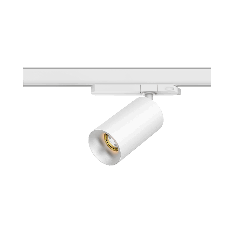 White version of the Dea Juno M with chrome reflector, a track luminaire designed by Karizma Luce.