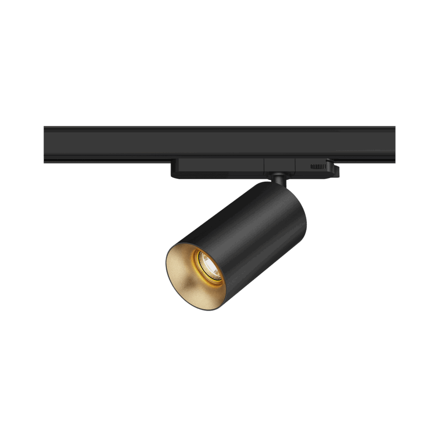Black version of the Dea Juno M with golden reflector, a track luminaire designed by Karizma Luce.