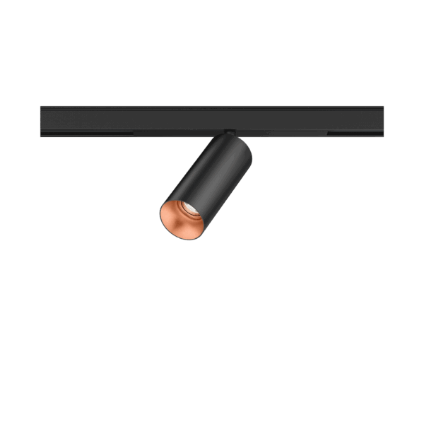 Black version of the Dea Juno-Q1 XS with copper reflector, a 48V track spot designed by Karizma Luce.
