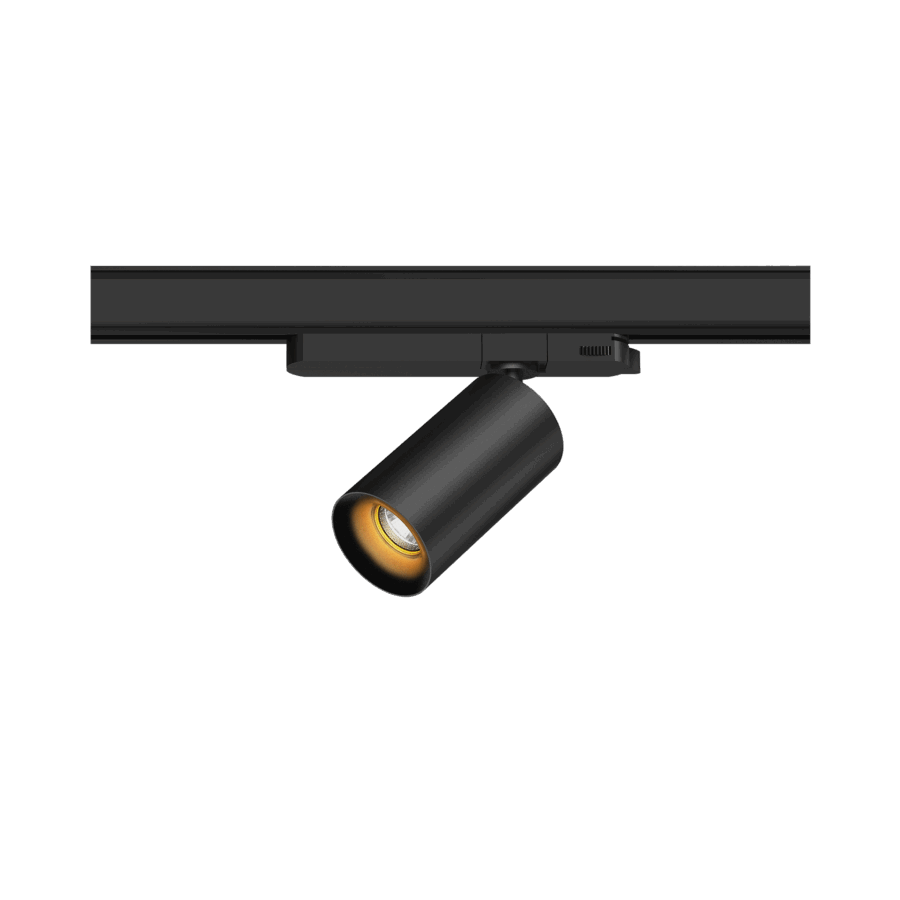 Black version of the Dea Juno S with black gloss reflector, a track luminaire designed by Karizma Luce.