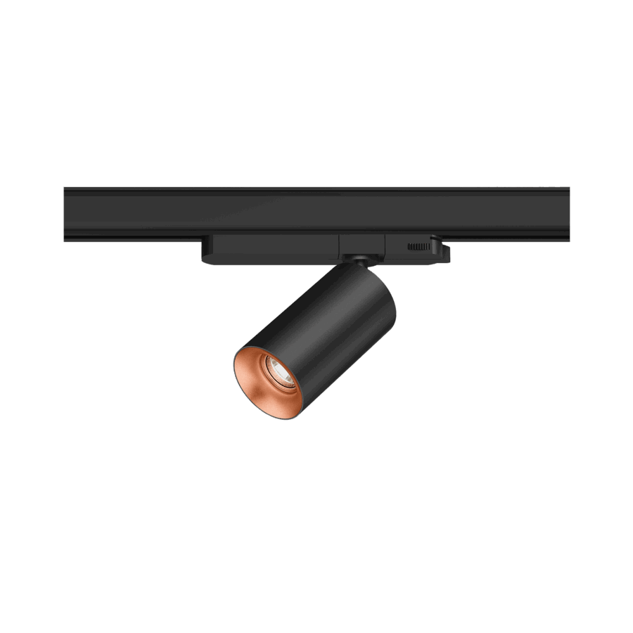 Black version of the Dea Juno S with copper reflector, a track luminaire designed by Karizma Luce.