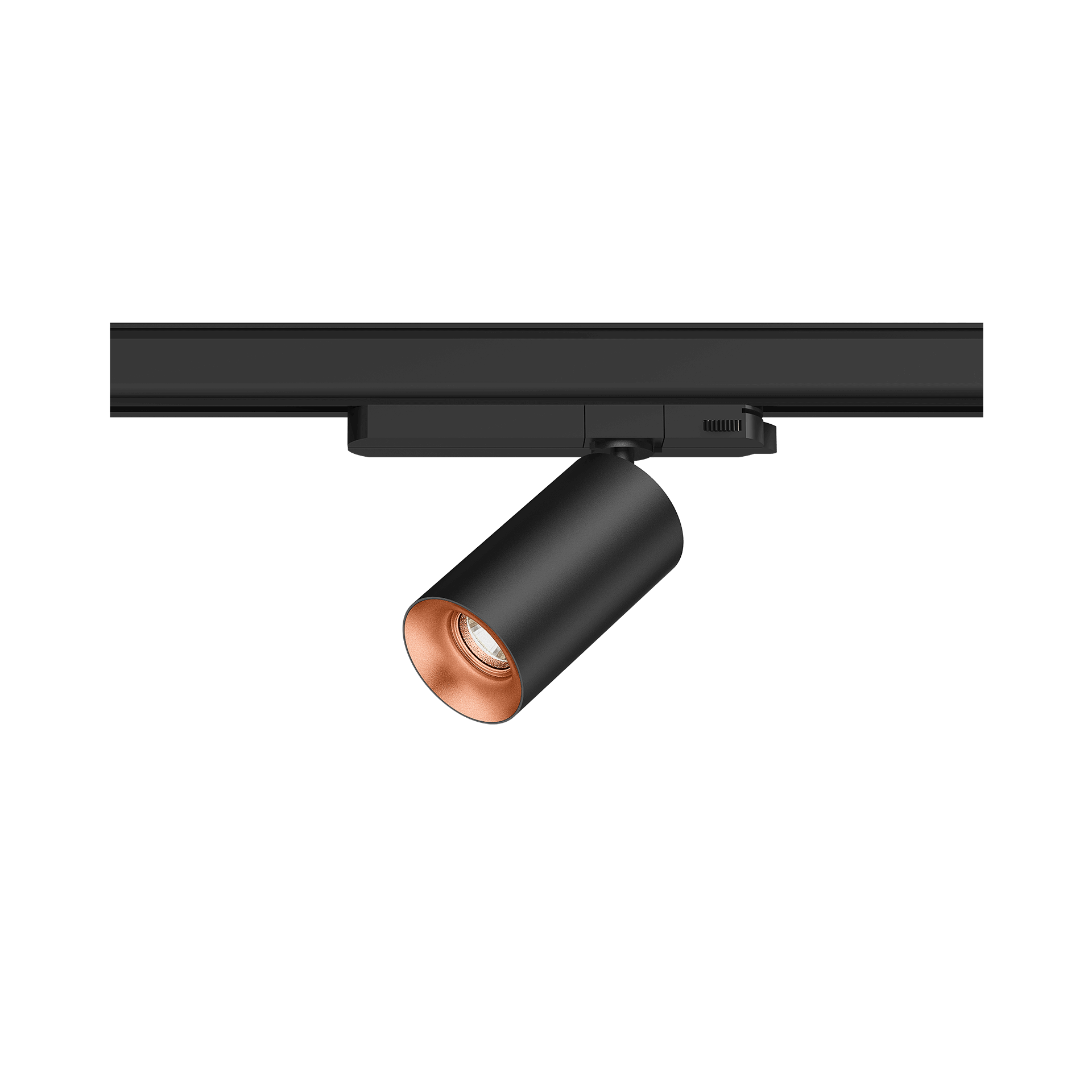Black version of the Dea Juno S with copper reflector, a track luminaire designed by Karizma Luce.