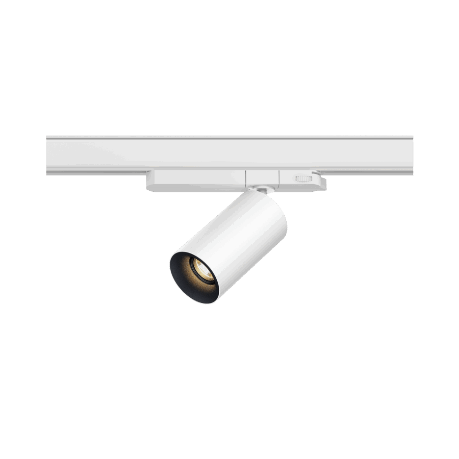 White version of the Dea Juno S with black matt reflector, a track luminaire designed by Karizma Luce.