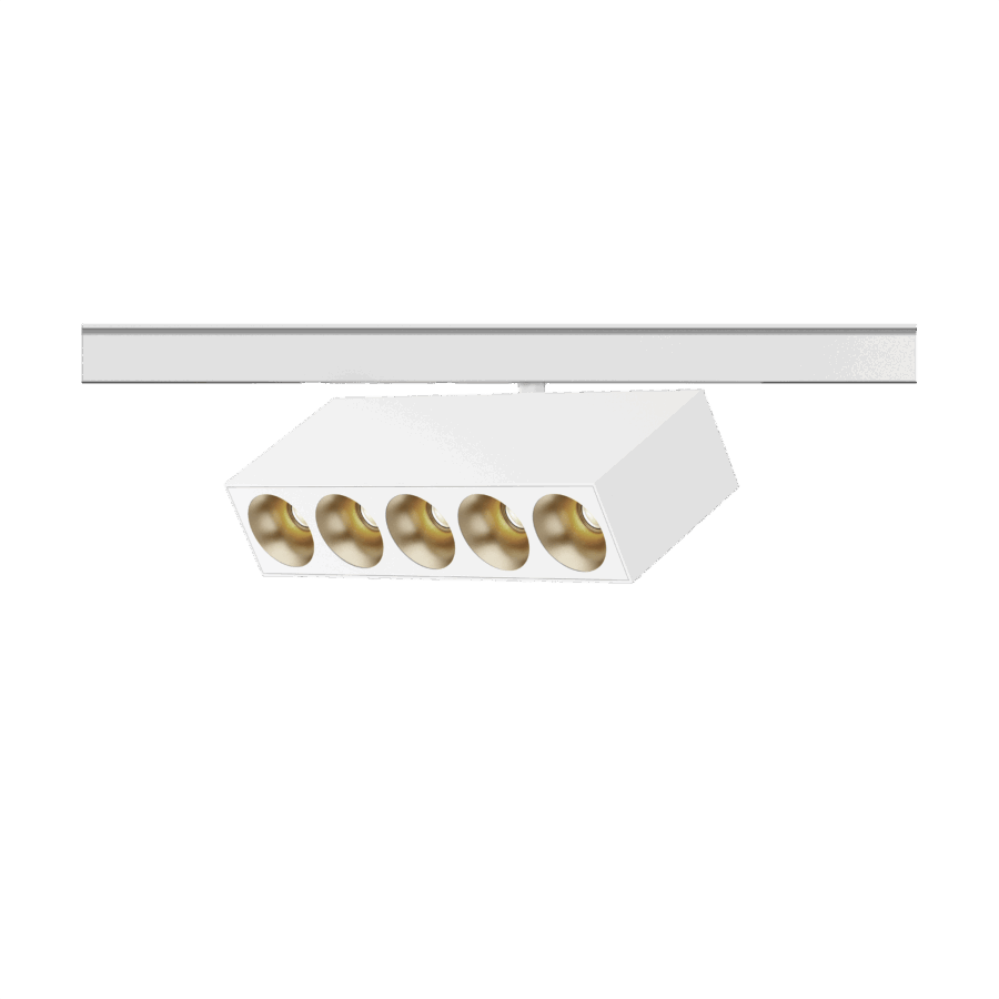 White version of the Dea Pallas-Q1 cinque with golden reflector, a 48V track luminaire designed by Karizma Luce.