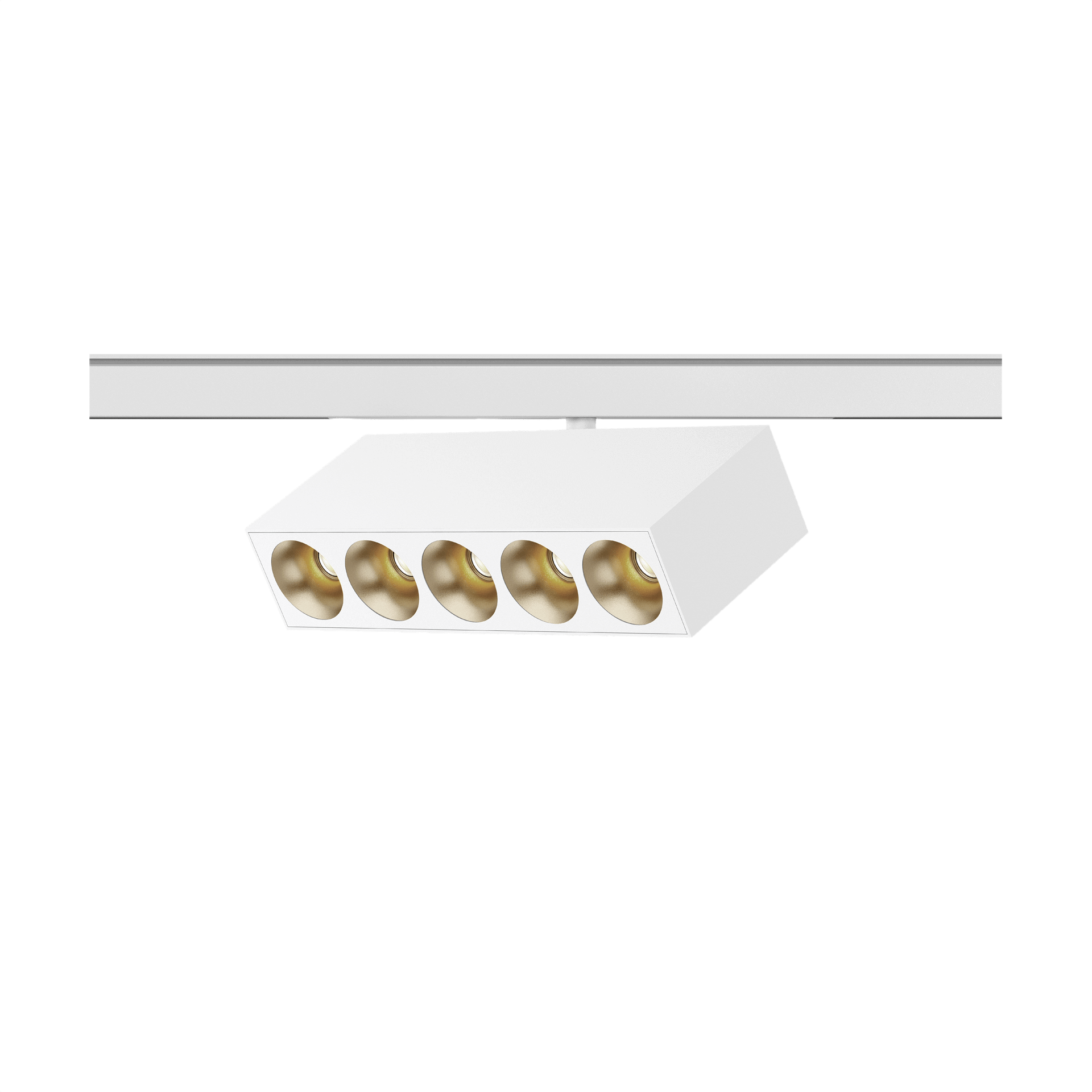 White version of the Dea Pallas-Q1 cinque with golden reflector, a 48V track luminaire designed by Karizma Luce.