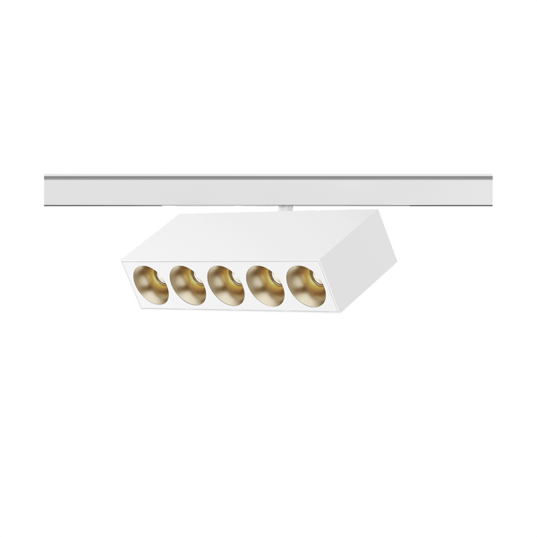 White version of the Dea Pallas-Q1 cinque with golden reflector, a 48V track luminaire designed by Karizma Luce.