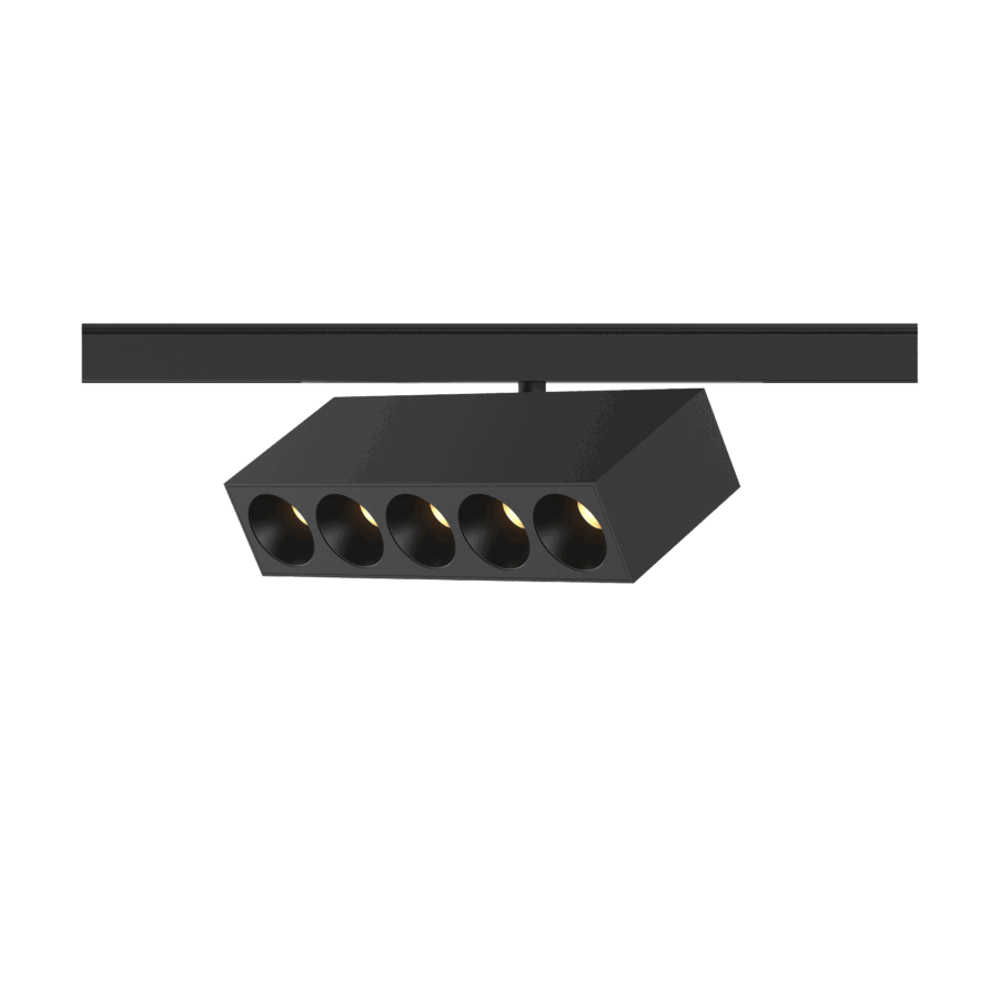 Black version of the Dea Pallas-Q1 cinque with black matt reflector, a 48V track luminaire designed by Karizma Luce.