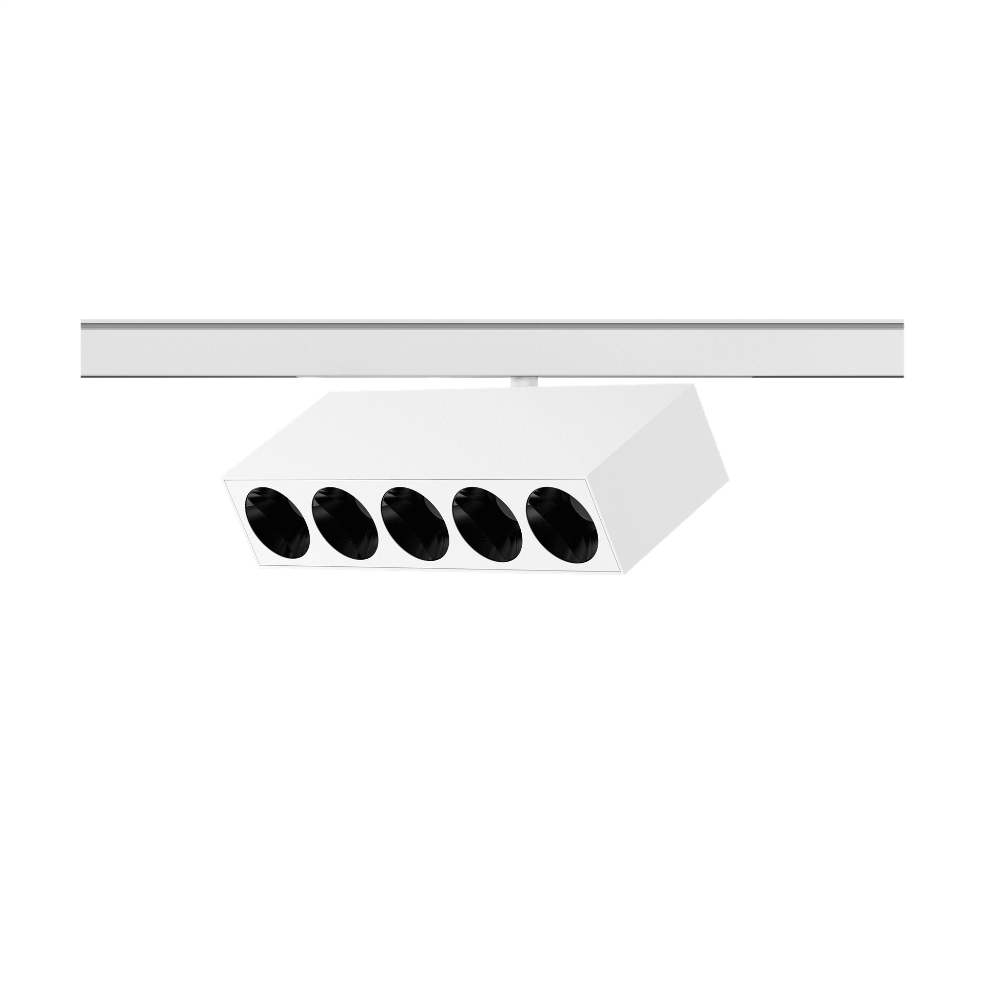 White version of the Dea Pallas-Q1 cinque with black gloss reflector, a 48V track luminaire designed by Karizma Luce.