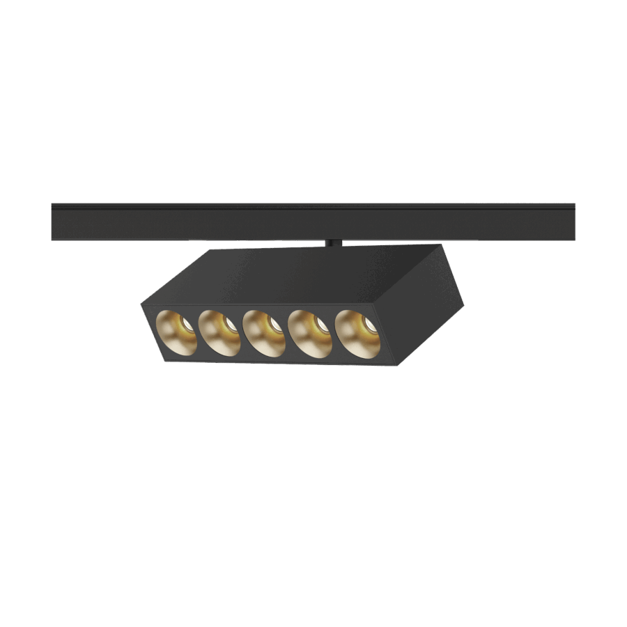 Black version of the Dea Pallas-Q1 cinque with golden reflector, a 48V track luminaire designed by Karizma Luce.