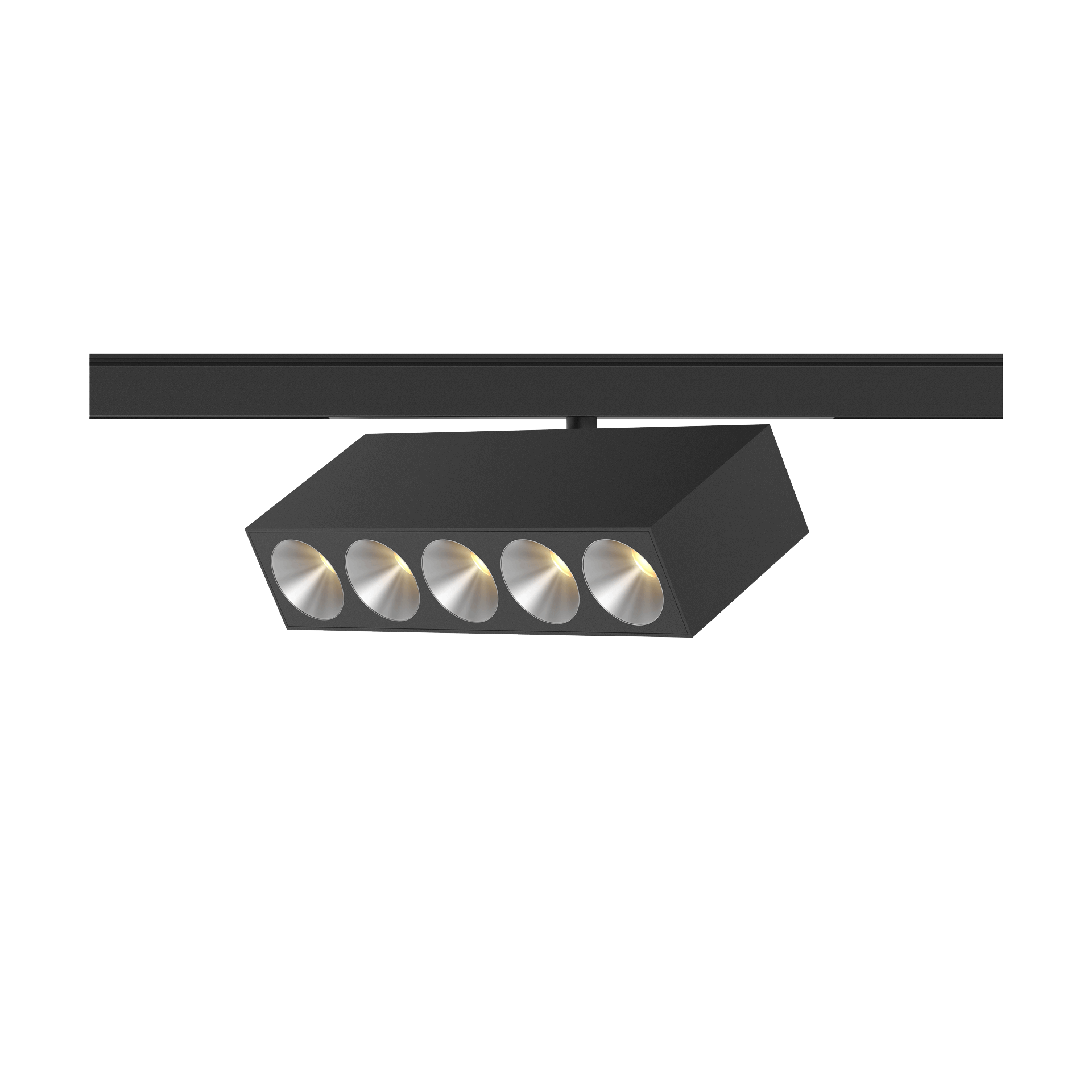 Black version of the Dea Pallas-Q1 cinque with silver reflector, a 48V track luminaire designed by Karizma Luce.