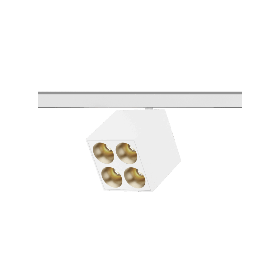 White version of the Dea Pallas-Q1 quattro with golden reflector, a 48V track luminaire designed by Karizma Luce.