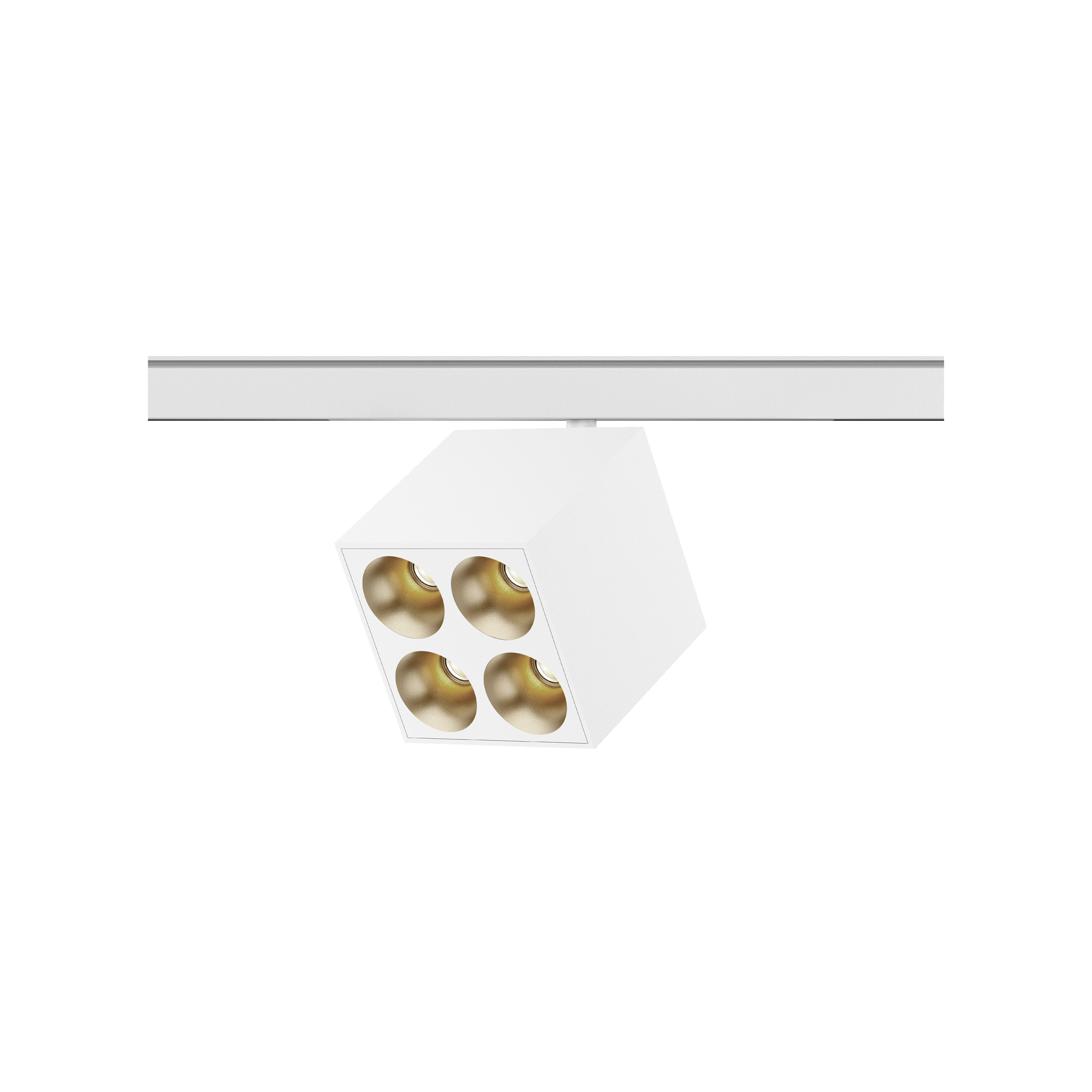 White version of the Dea Pallas-Q1 quattro with golden reflector, a 48V track luminaire designed by Karizma Luce.