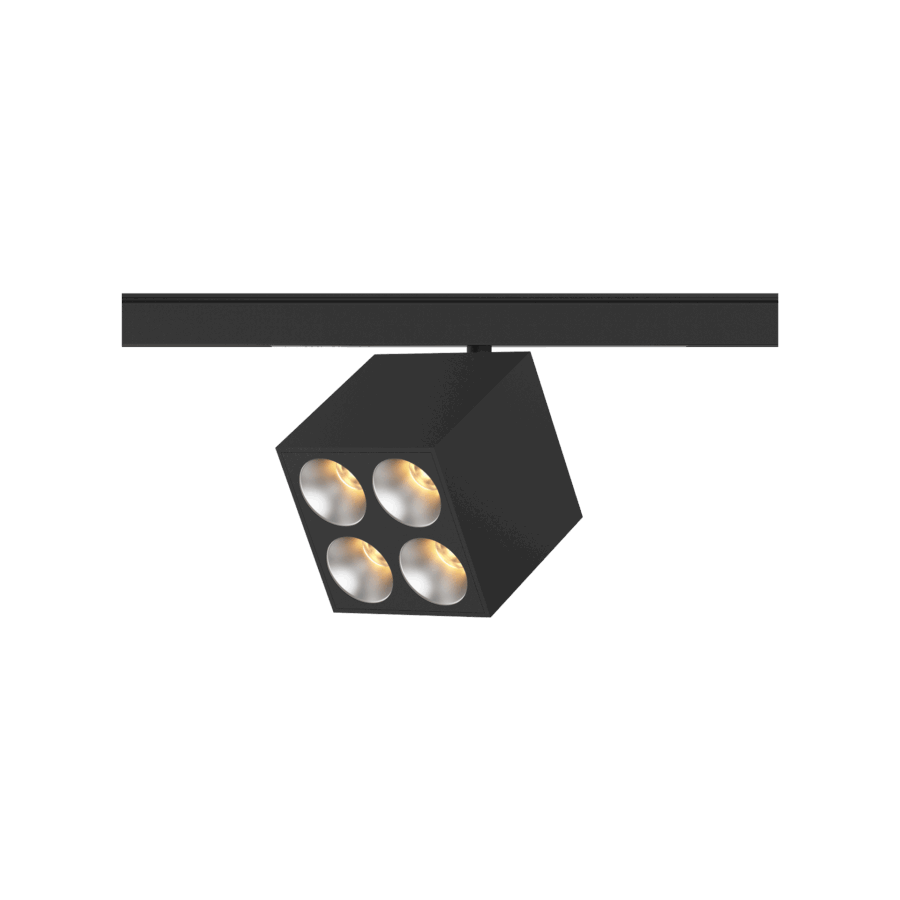 Black version of the Dea Pallas-Q1 quattro with chrome reflector, a 48V track luminaire designed by Karizma Luce.