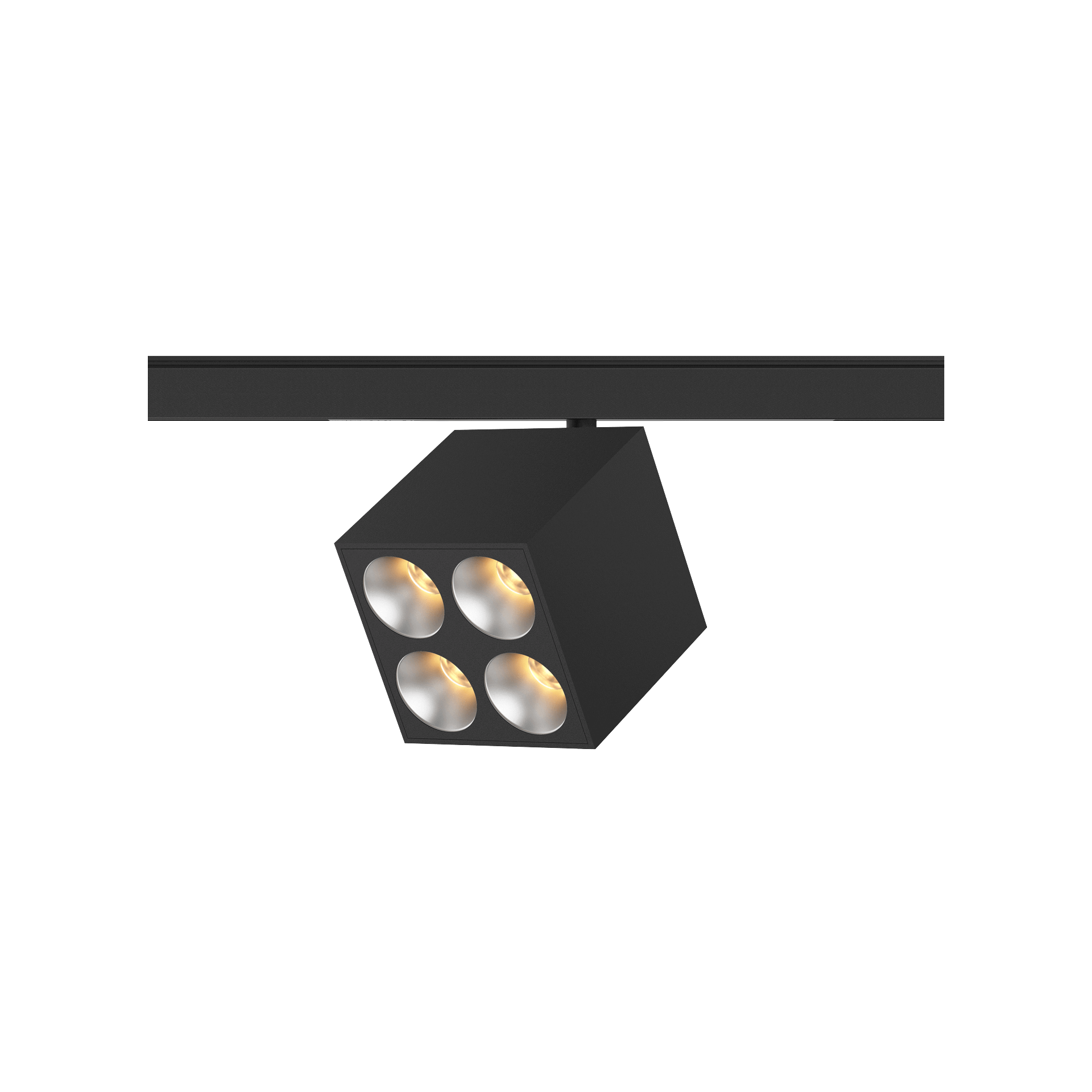 Black version of the Dea Pallas-Q1 quattro with chrome reflector, a 48V track luminaire designed by Karizma Luce.