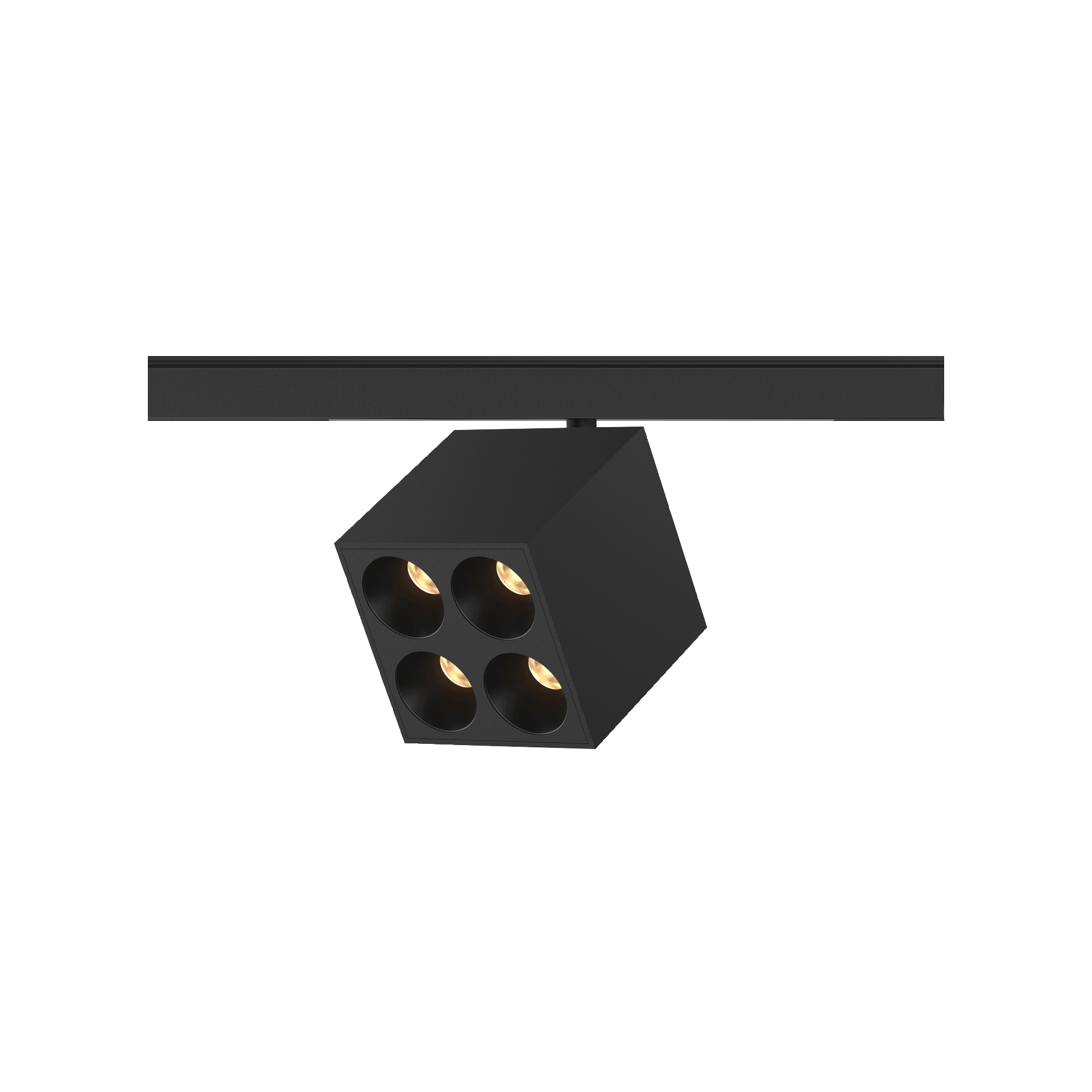 Black version of the Dea Pallas-Q1 quattro with black matt reflector, a 48V track luminaire designed by Karizma Luce.