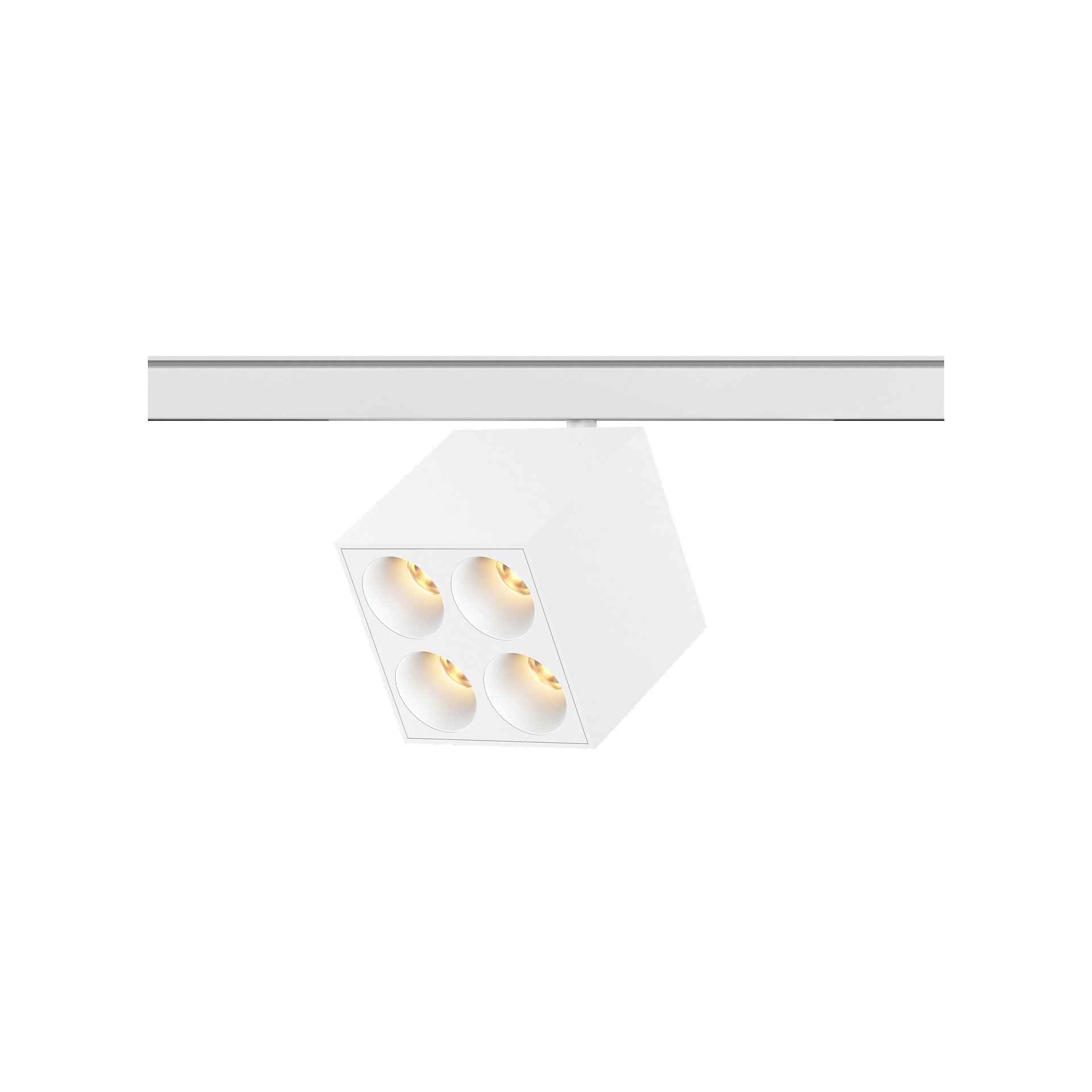 White version of the Dea Pallas-Q1 quattro with white reflector, a 48V track luminaire designed by Karizma Luce.