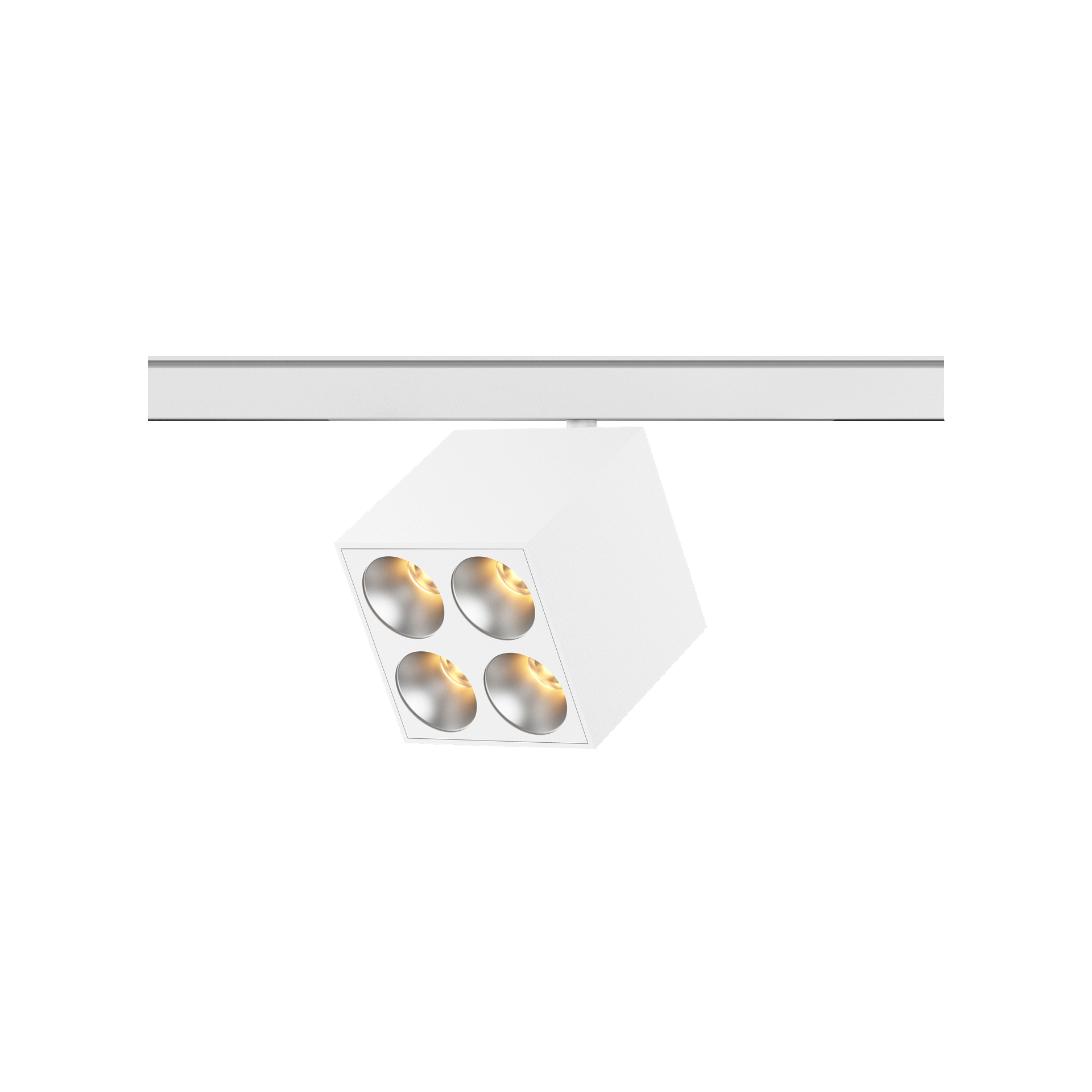 White version of the Dea Pallas-Q1 quattro with chrome reflector, a 48V track luminaire designed by Karizma Luce.