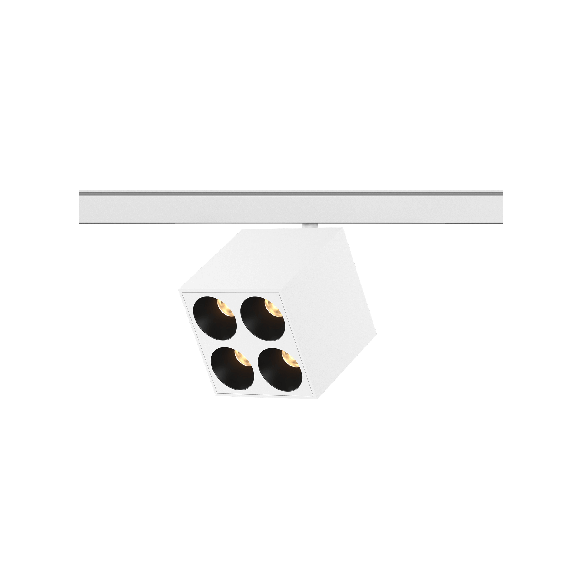 White version of the Dea Pallas-Q1 quattro with black matt reflector, a 48V track luminaire designed by Karizma Luce.