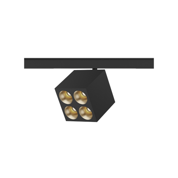 Black version of the Dea Pallas-Q1 quattro with golden reflector, a 48V track luminaire designed by Karizma Luce.