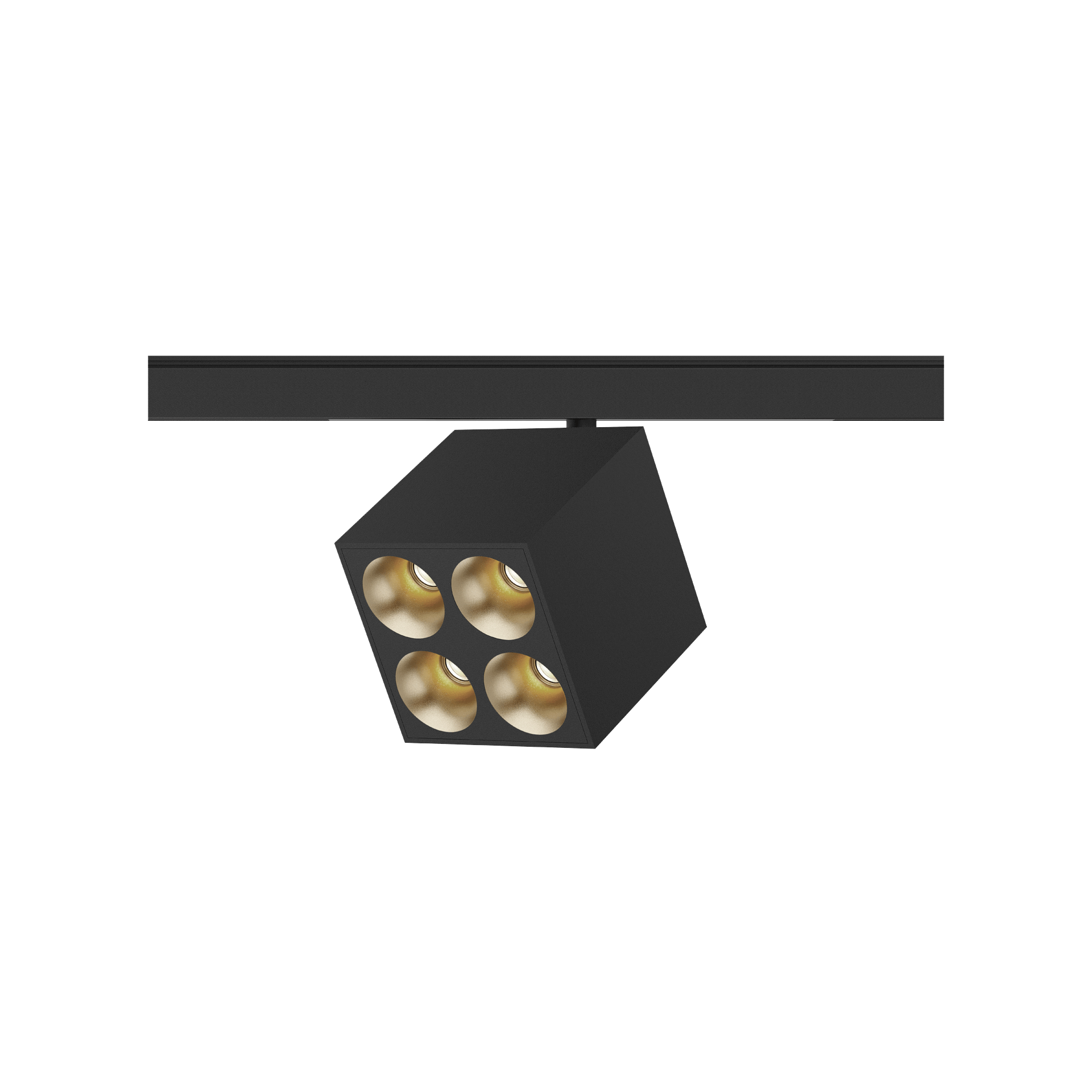 Black version of the Dea Pallas-Q1 quattro with golden reflector, a 48V track luminaire designed by Karizma Luce.