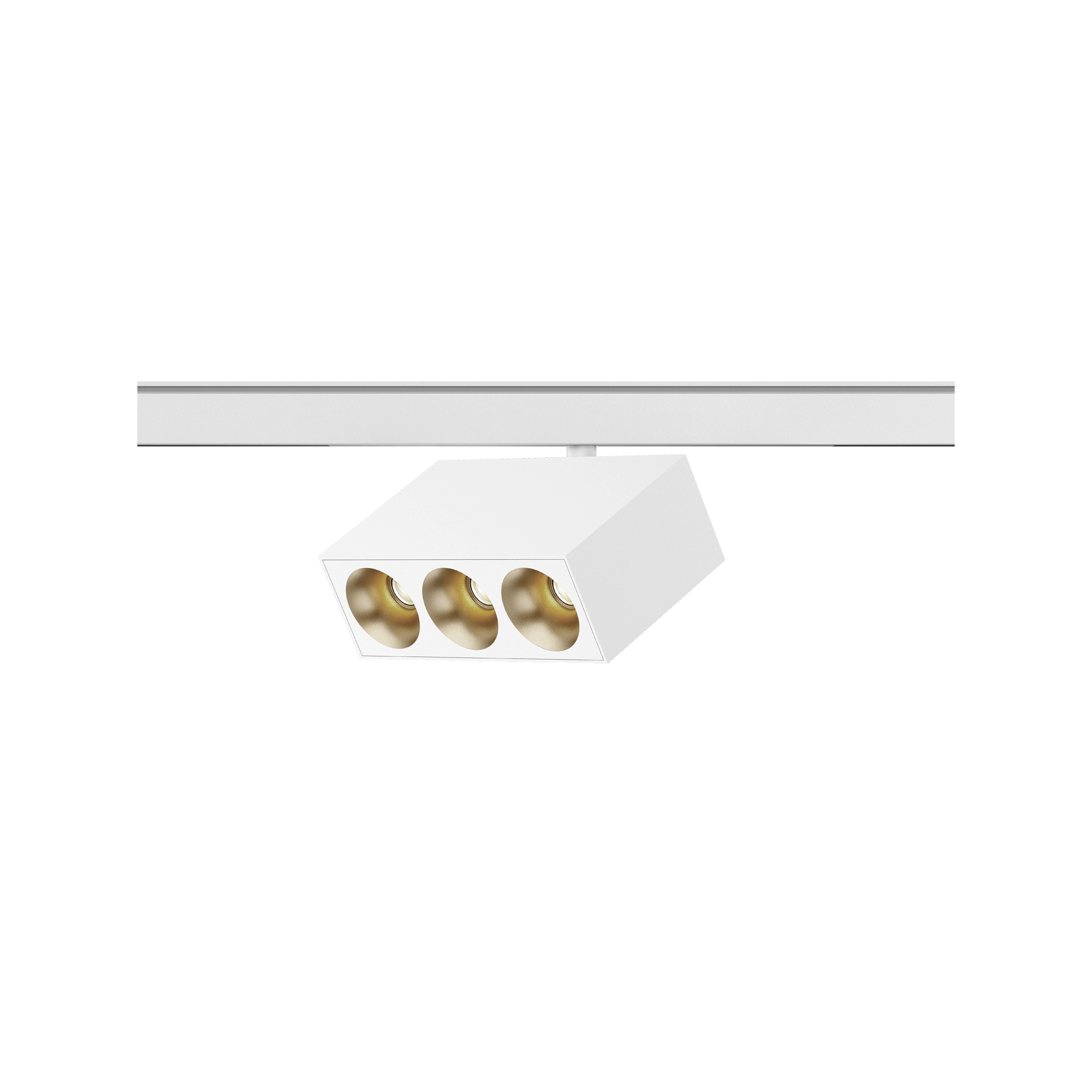 White version of the Dea Pallas-Q1 tre with golden reflector, a 48V track luminaire designed by Karizma Luce.