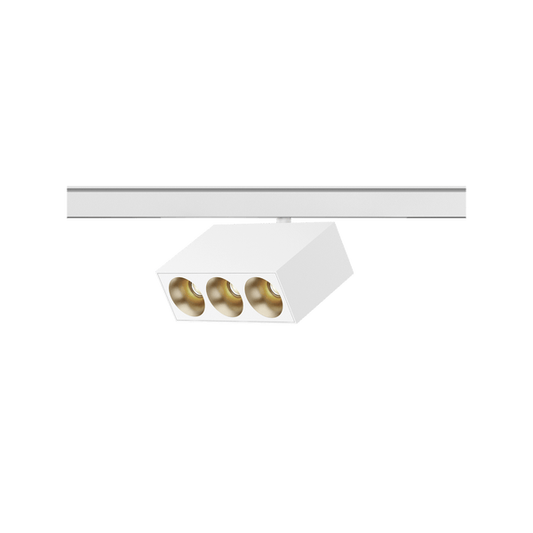 White version of the Dea Pallas-Q1 tre with golden reflector, a 48V track luminaire designed by Karizma Luce.