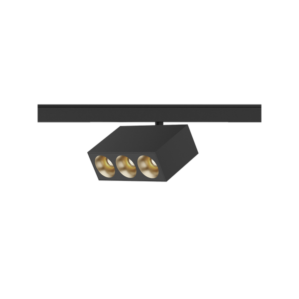 Black version of the Dea Pallas-Q1 tre with golden reflector, a 48V track luminaire designed by Karizma Luce.