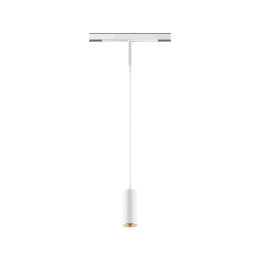 White version of the Dea Vesta-Q XS with golden reflector, a 48V pendant luminaire designed by Karizma Luce.
