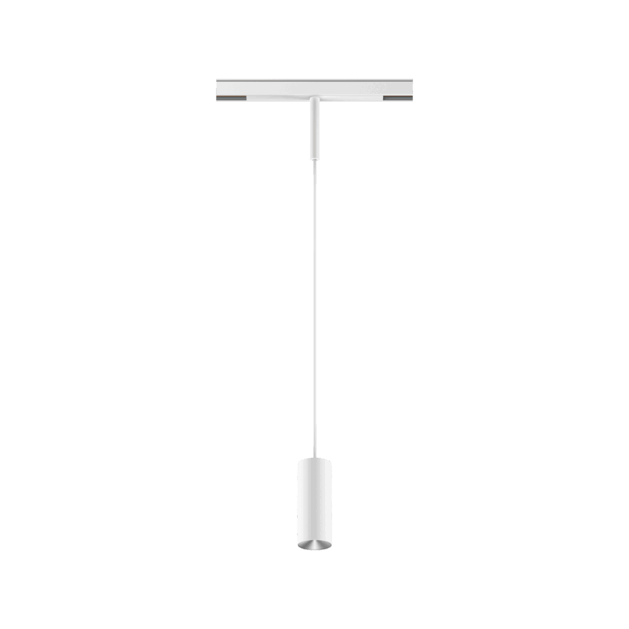 White version of the Dea Vesta-Q XS with silver reflector, a 48V pendant luminaire designed by Karizma Luce.