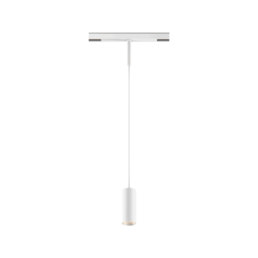 White version of the Dea Vesta-Q XS with chrome reflector, a 48V pendant luminaire designed by Karizma Luce.