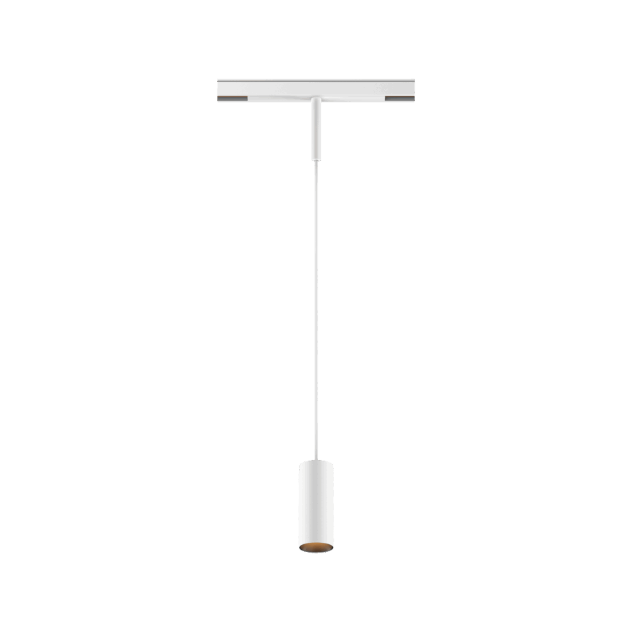 White version of the Dea Vesta-Q XS with black matt reflector, a 48V pendant luminaire designed by Karizma Luce.