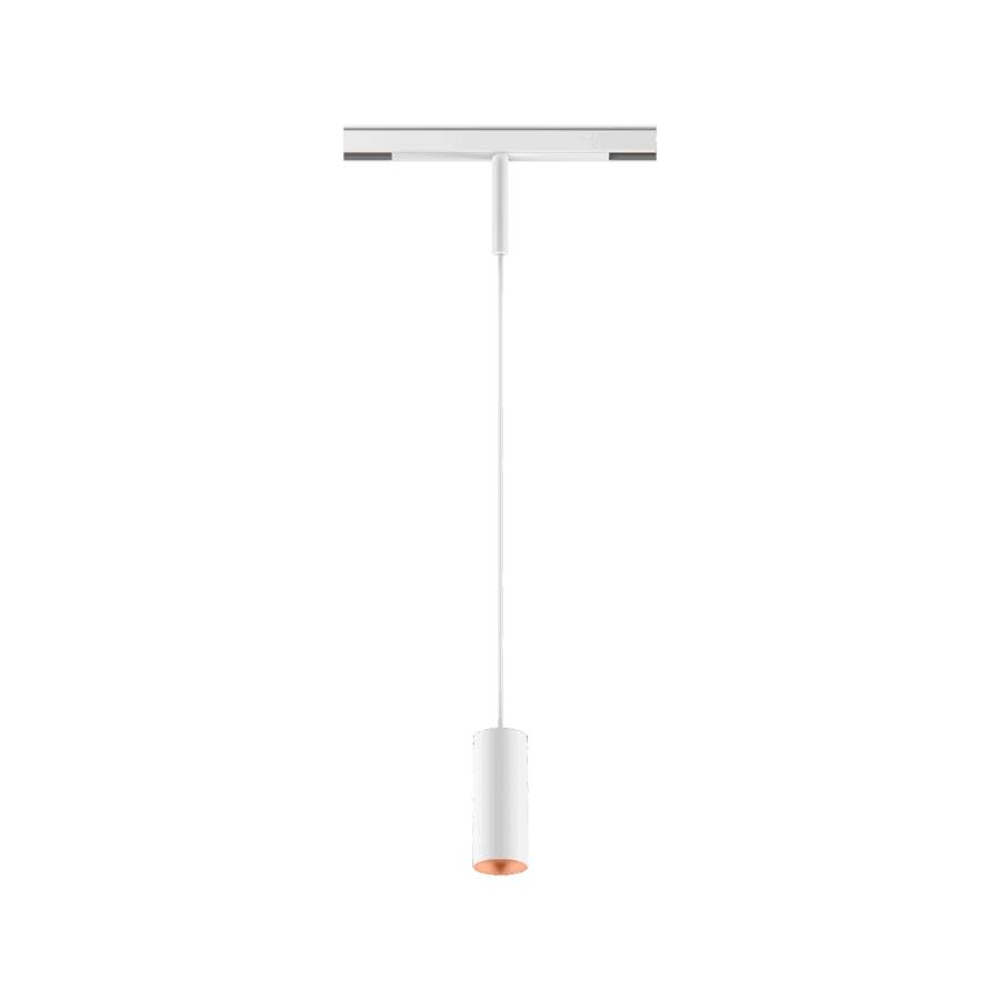 White version of the Dea Vesta-Q XS with copper reflector, a 48V pendant luminaire designed by Karizma Luce.